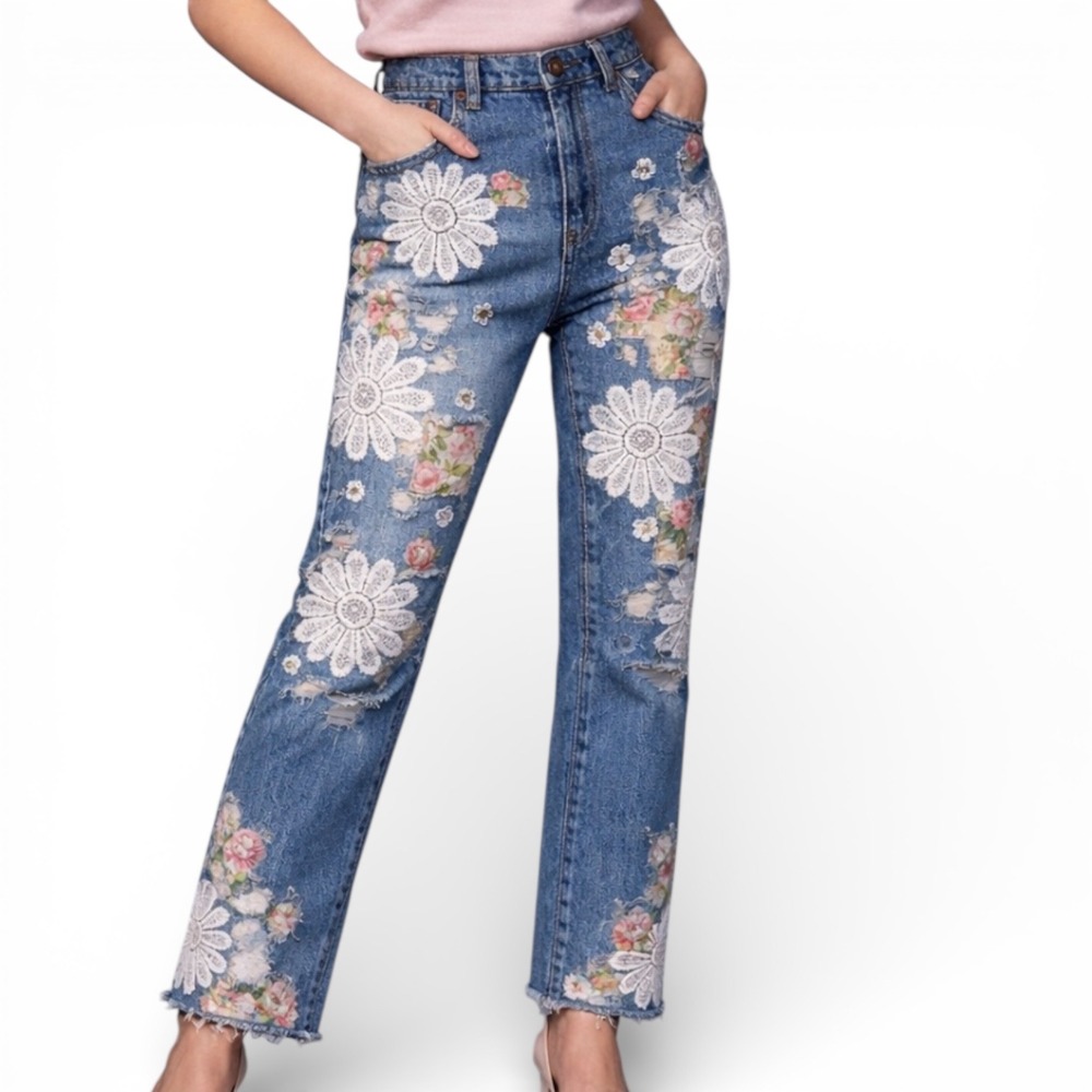 Upcycled Floral Patch Denim Jeans Distressed High Rise  Loose Fit Pants | 14 wms